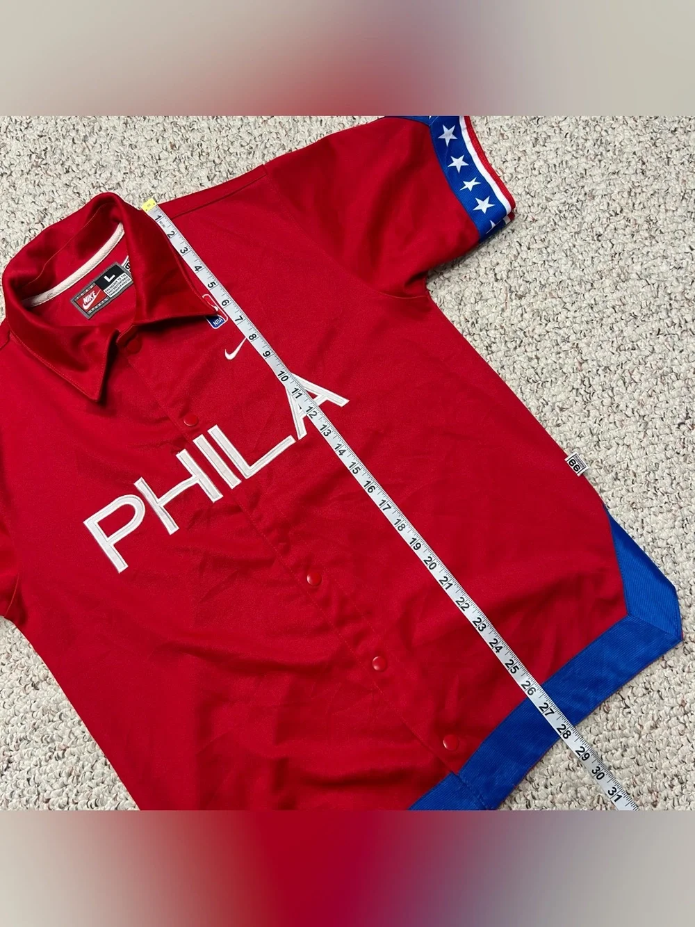 Nike Philadelphia 76ers Warm Up Shooting Shirt Large Red Snap Button Vintage 90s